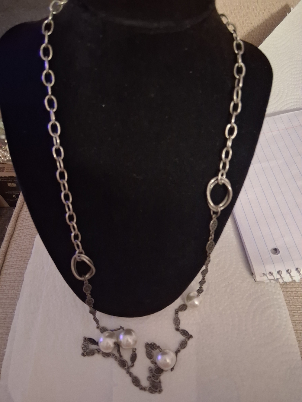 Long Silver-Tone Chain Necklace with Pearlescent Drops